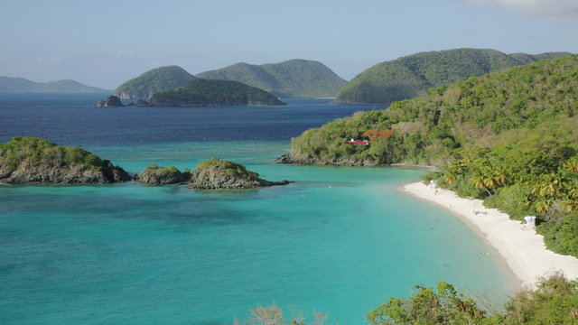 Panning view of Trunk Bay on  St. John, USVI, often referred to as one of the most beautiful beaches in the world.