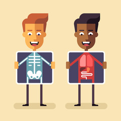 African american and white men with x-ray screen showing their internal organs and skeleton. Mobile health, diagnosis and monitoring using mobile digital devices. MHealth vector flat illustration.