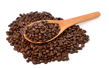 coffee beans with wooden spoon isolated on white background