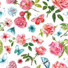 Fotobehang Tropische Bladeren Vintage watercolor roses and butterflies seamless background pat  © laplateresca