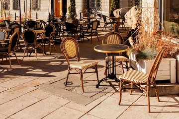 Street city cafe restaurant with table and chair