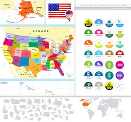 Political map of the USA with it's states and Flat Icon Set