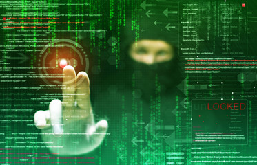 hacker at work with graphic user interface around