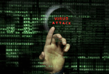 hacker at work with graphic user interface around