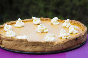 Sweet pumpkin pie with cream close up