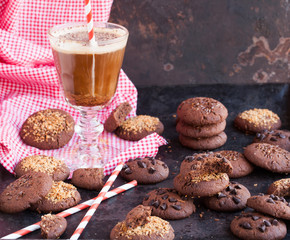 Chocolate chip cookies with flax seed,chocolate ,on a dark background.selective focus