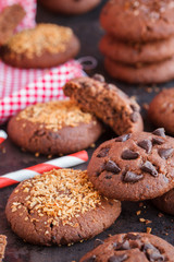 Chocolate chip cookies with flax seed,chocolate ,on a dark background.selective focus