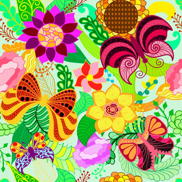 Floral hand drawn zentangle, ethnic seamless pattern with butterflies
