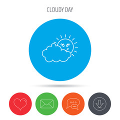 Cloudy day with sun icon. Overcast weather sign.