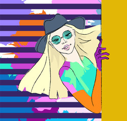Abstract sketch of a girl in a  hat,  purple glove, green sunglasses