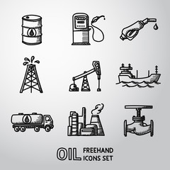 Set of handdrawn oil icons - barrel, gas station, rigs, tanker