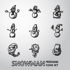 Set of freehand Snowman icons with different shapes, hats etc