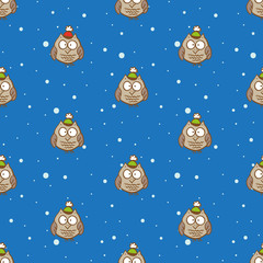Fototapeta premium Vector owls in hats pattern. Christmas and New Year blue winter