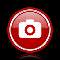 photo camera red glossy cirle web icon on black bacground