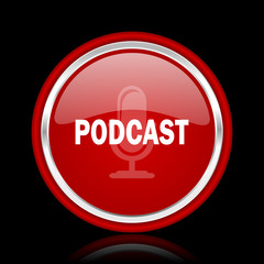 podcast red glossy cirle web icon on black bacground