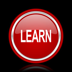 learn red glossy cirle web icon on black bacground
