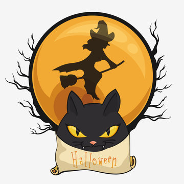 Happy Halloween sign with Black Cat and Pumpkin, Vector Illustration