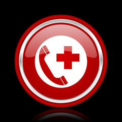 emergency call red glossy cirle web icon on black bacground