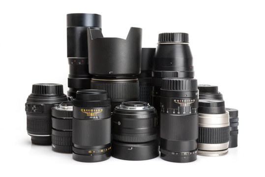 Camera lenses isolated on white background