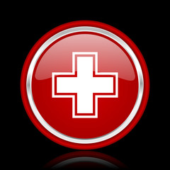 pharmacy red glossy cirle web icon on black bacground