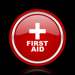 first aid red glossy cirle web icon on black bacground