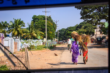 Indian village lifestyle from inside a rikshaw. Indian villager women carrying yellow grasses to home for their livestock. - obrazy, fototapety, plakaty