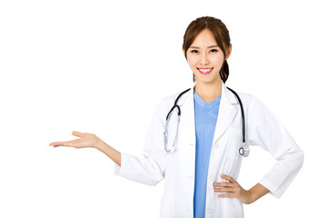 Friendly young female doctor with showing gesture