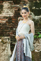 Woman thai wearing typical thai dress with thai identity culture