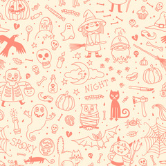 Halloween seamless pattern. Pumpkin, Ghosts, Cats, Skulls, Bats