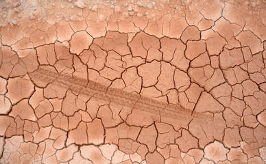 tire tracks prints in Cracked dry soil