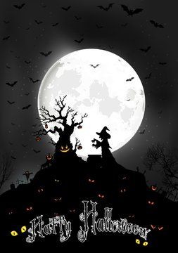 Halloween background on the full moon with scary tree and Witch