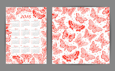 Calendar 2016 year and seamless pattern with decorative