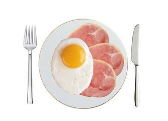 Traditional breakfast with bacon and fried eggs on plate isolate