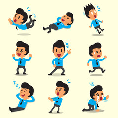 Cartoon businessman character poses on yellow background