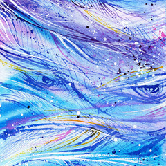 Fototapeta na wymiar blue purple eyes, wave, line, feathers, wind, abstract watercolor painting