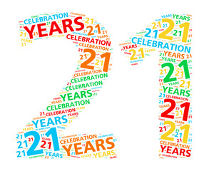 Colorful word cloud for celebrating a 21 year birthday or anniversary