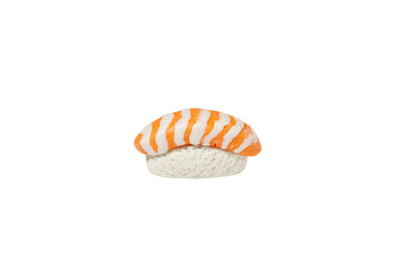 miniature salmon sushi model from japanese clay on white background