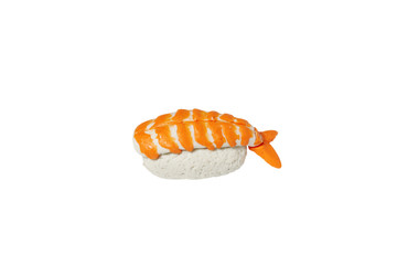 miniature shrimp sushi model from japanese clay on white background