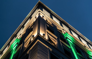 Illuminated Building Facade during Urban Night