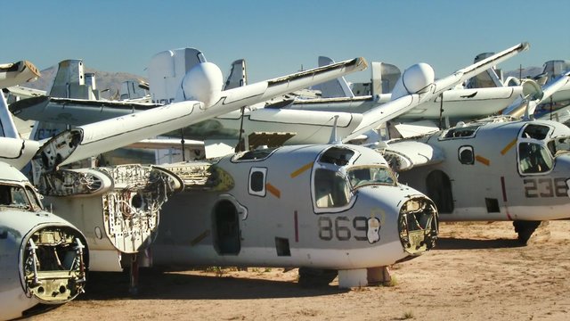 Storage area for retired military aircraft at Davis-Monthan Air Force Base in Tucson, Arizona, pan, 4K, Ultra HD