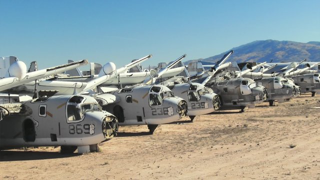 Storage area for retired military aircraft at Davis-Monthan Air Force Base in Tucson, Arizona, pan, 4K, Ultra HD