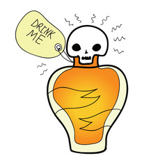 Drink me - bottle with portion and scull - retro cartoon Halloween character - with skull and label with text. Hand written text. Hand drawn illustration. Eps 8.
