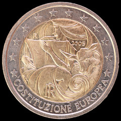 Commemorative two euro coin issued by italy in 2005 to celebrate the European Constitution