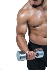 Fototapeta na wymiar Muscular man lifting heavy dumbbell 
