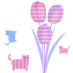 Three pink tulip and kittens