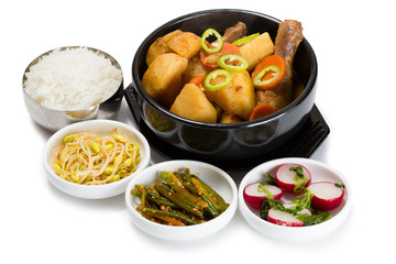 Boiled potatoes with chicken with spicy salads