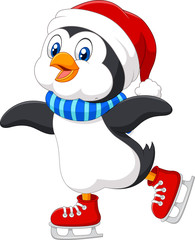 Naklejka premium Cute cartoon penguin doing ice skating isolated on white background 