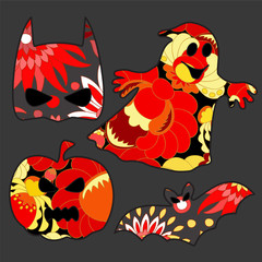 Set of halloween icons with bat, ghost, pumpkin. vector illustra