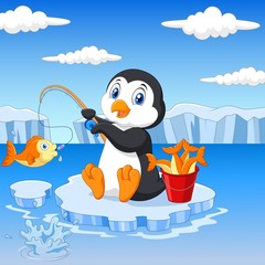 Obraz premium Cartoon penguin fishing on the ice 