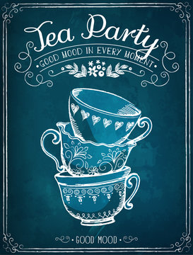 Invitation to the Tea Party. Retro illustration Tea Party with c